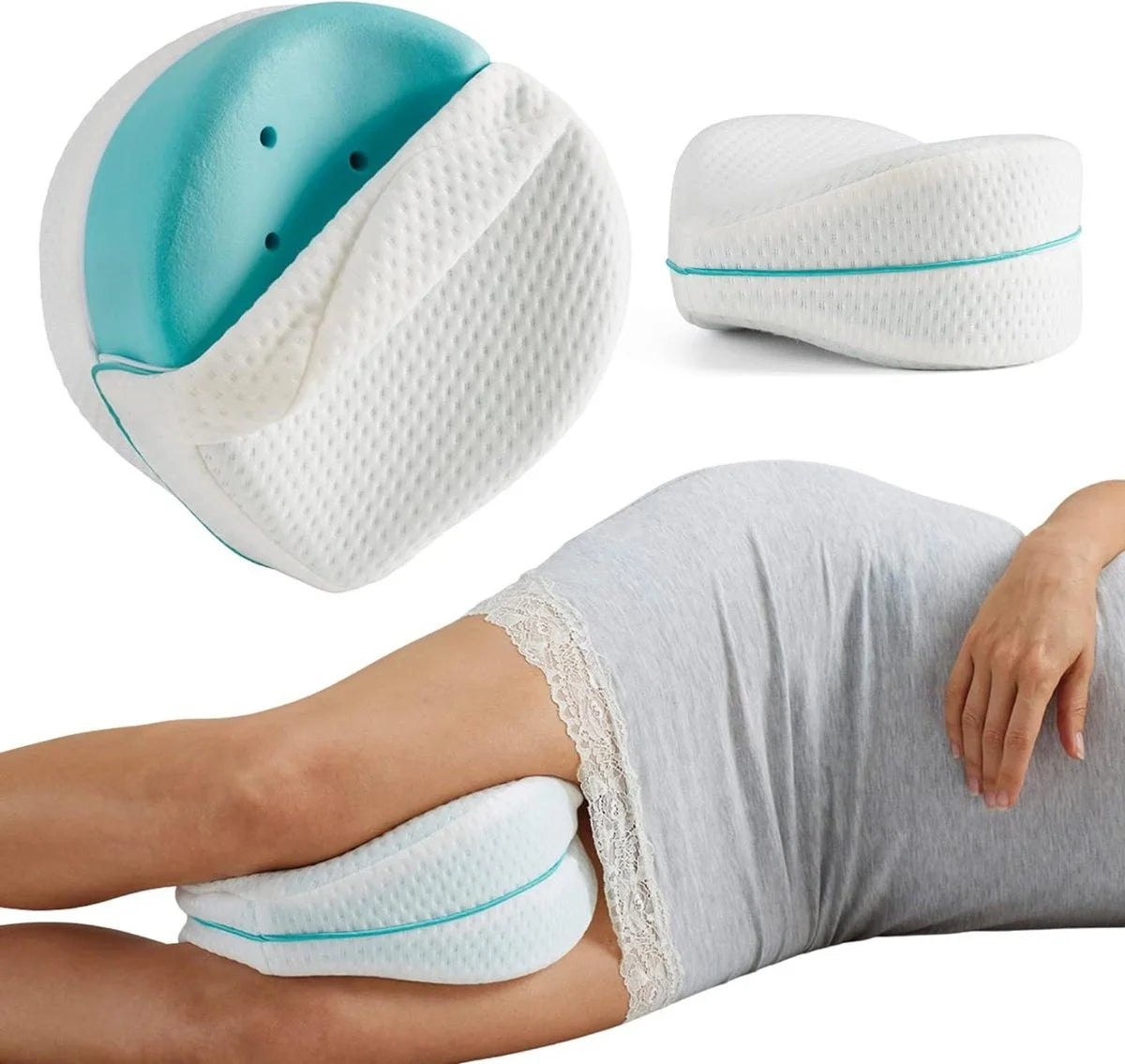 Almofada ergonómica de espuma de memória Restform a proporcionar alinhamento perfeito das pernas e coluna durante o sono.