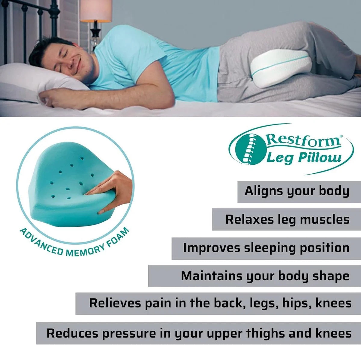 Almofada ergonómica de espuma de memória Restform a proporcionar alinhamento perfeito das pernas e coluna durante o sono.