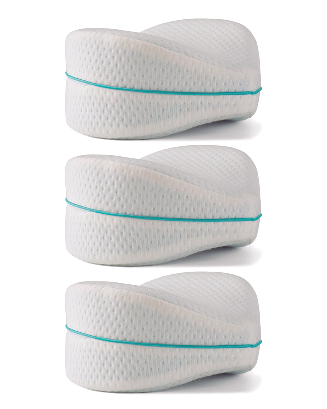 Almofada de perna ortopédica Restform colocada entre os joelhos, ideal para dormir de lado e aliviar a pressão nas ancas e costas.