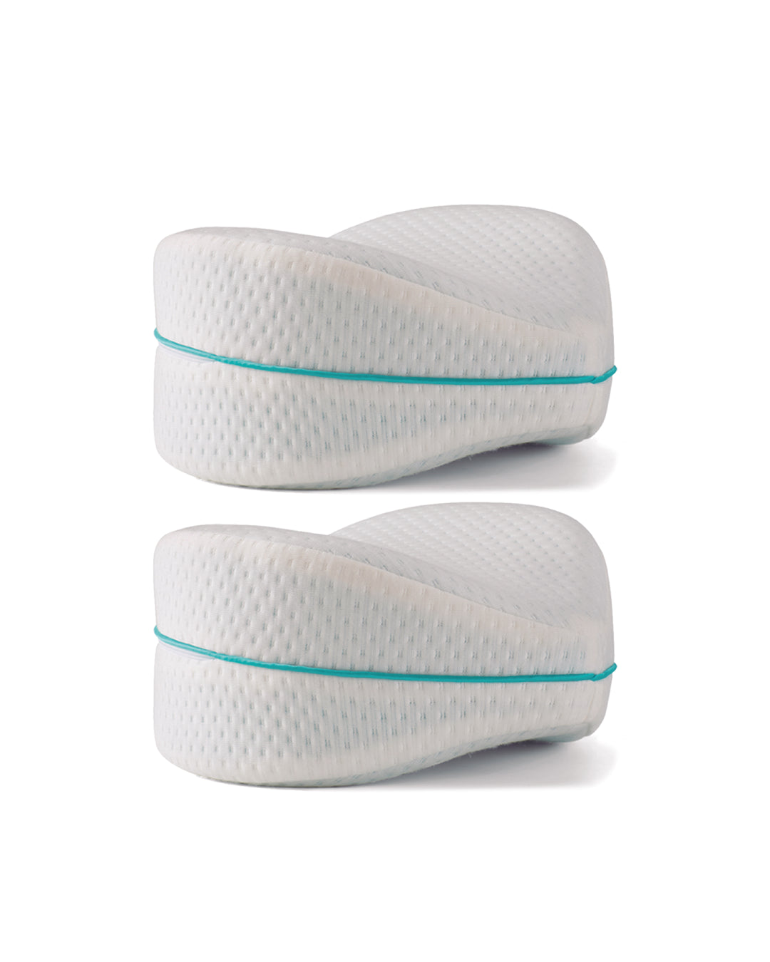 Almofada de perna ortopédica Restform colocada entre os joelhos, ideal para dormir de lado e aliviar a pressão nas ancas e costas.