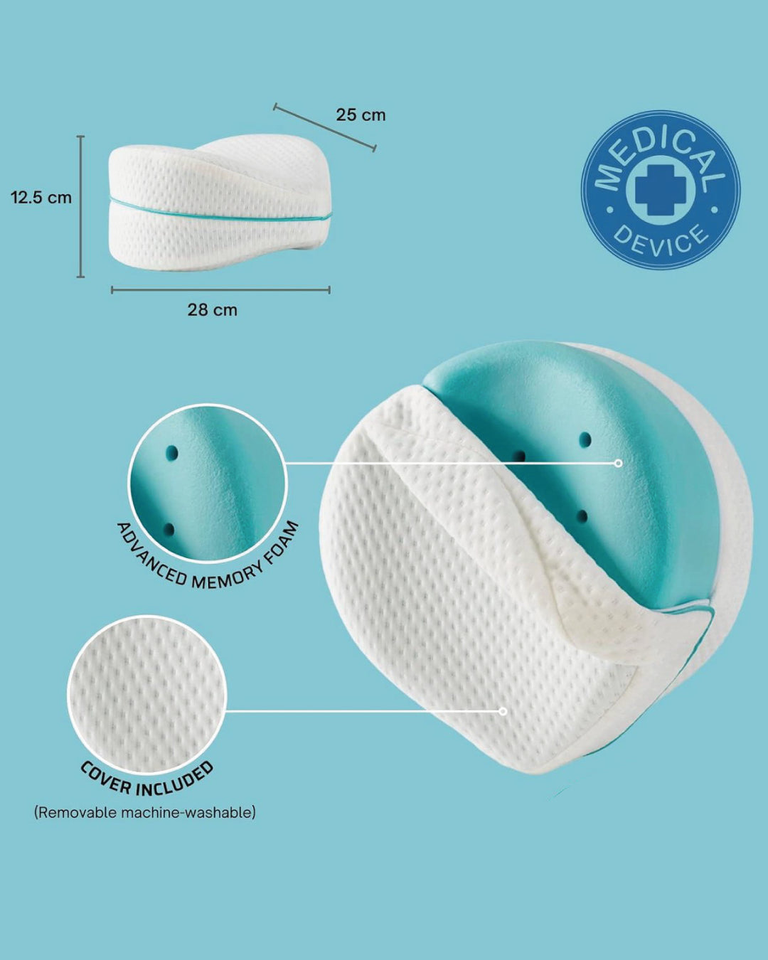 Almofada de perna ortopédica Restform colocada entre os joelhos, ideal para dormir de lado e aliviar a pressão nas ancas e costas.