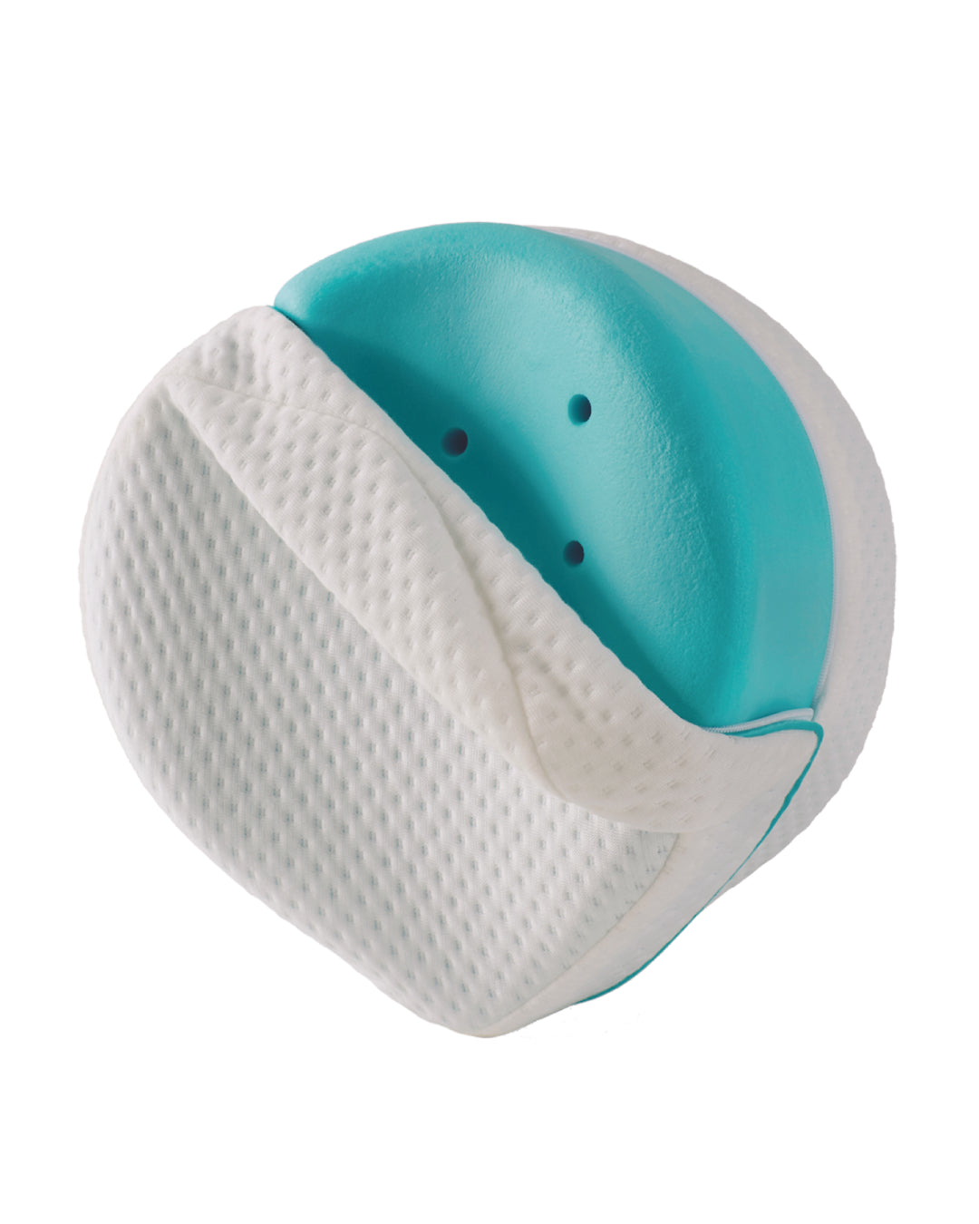 Almofada de perna ortopédica Restform colocada entre os joelhos, ideal para dormir de lado e aliviar a pressão nas ancas e costas.